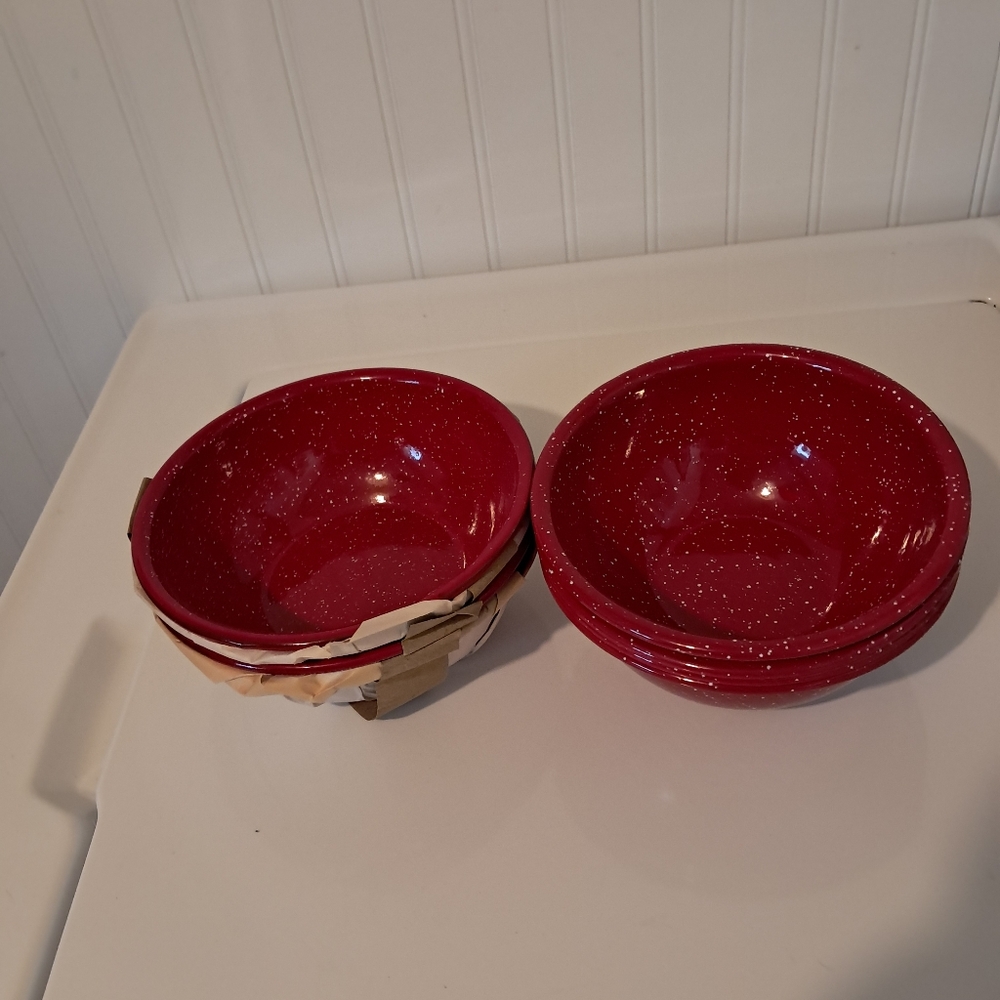 Coleman Red And White Speckled Enamelware Cereal Bowl Set/8 Vintage Retro Camp - Picture 6 of 6